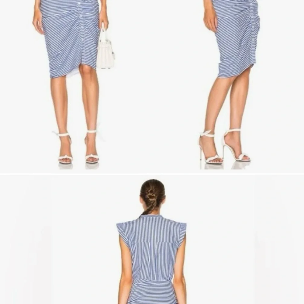 Veronica Beard Blue and White Striped Ruched V-Neck Midi Dress - Picture 2 of 5